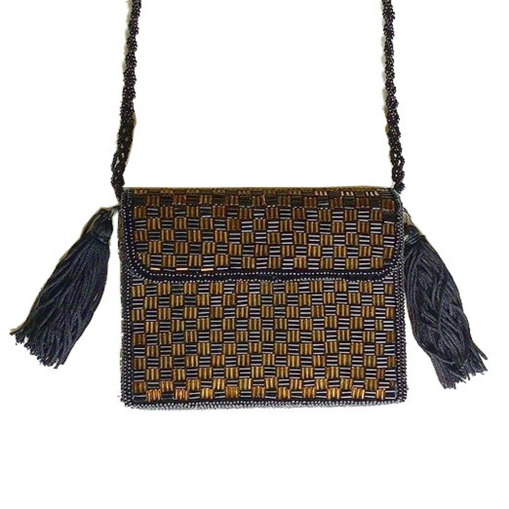 Vintage Beaded Box Shoulder Purse Clutch 5"x4" Tassels Black Gold